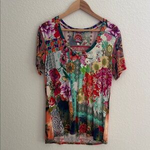 Johnny Was Colorful Floral Short Sleeve Top Size M